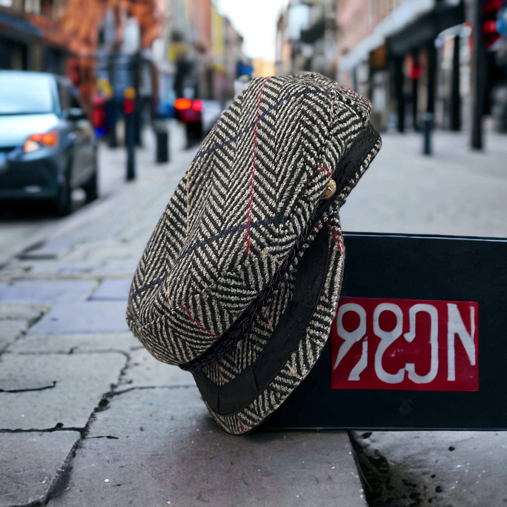 Black Multi Herringbone Tweed Wool Fisherman Cap