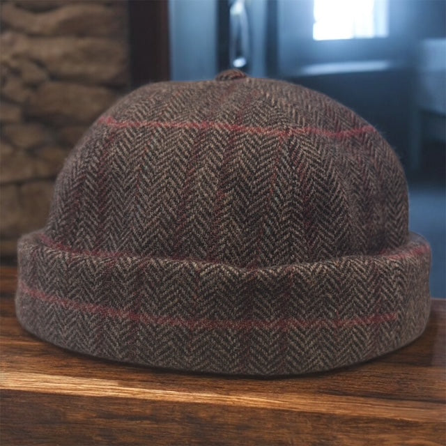 Brown Herringbone Wool Rolled Cuff Brimless